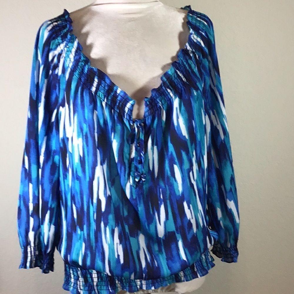 Jones New York Signature Blouse Off Shoulder Smock Neck Cuff Waist Blouson L